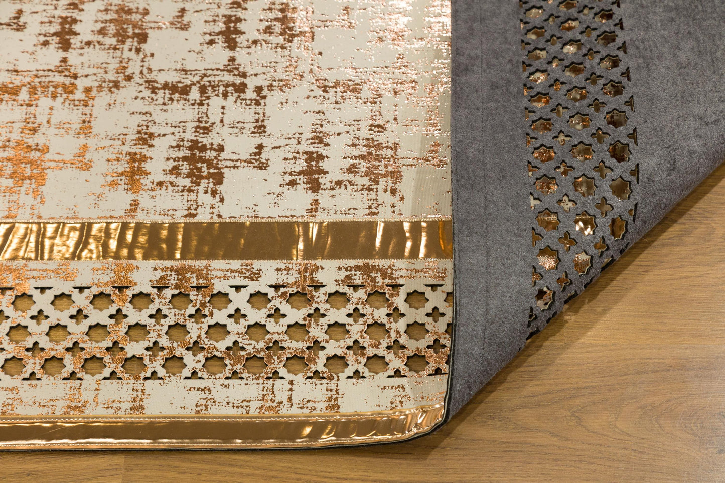 Metallic Rose Gold Geometric Rug: 5x7ft Laser Cut Faux Leather Carpet