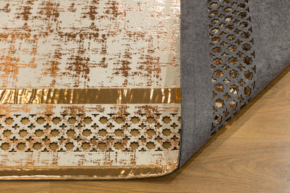 Metallic Rose Gold Geometric Rug: 5x7ft Laser Cut Faux Leather Carpet