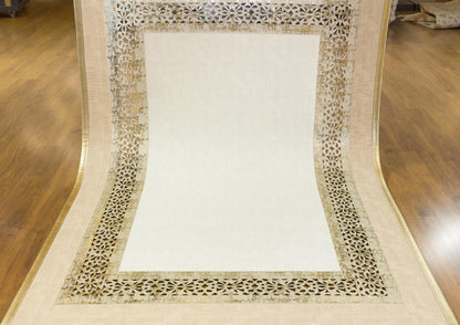 Modern Beige Faux Leather Rug: Laser Cut Border, 5x7 ft, Vegan