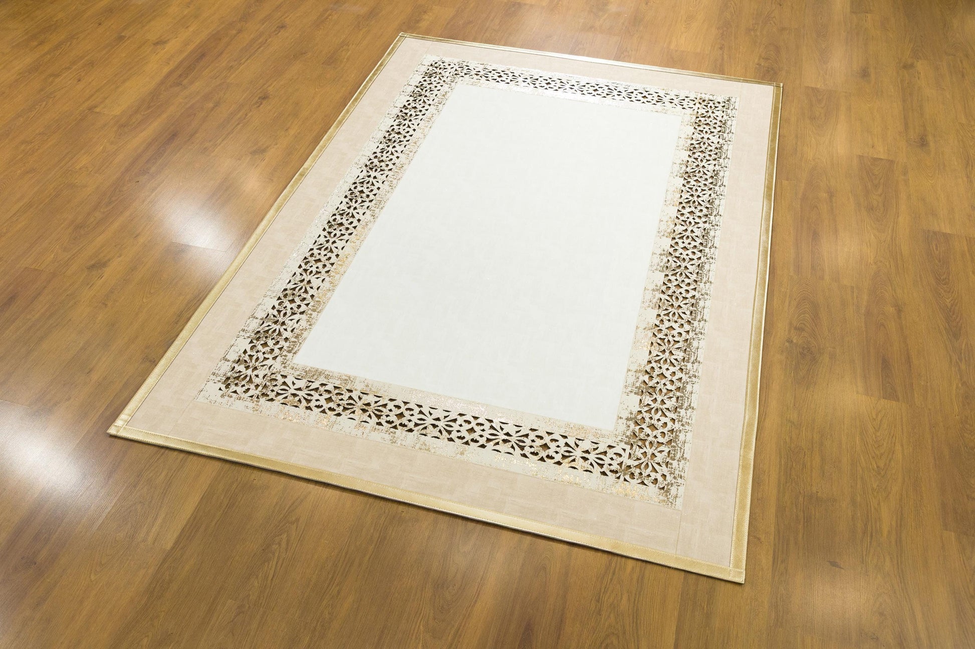 Modern Beige Faux Leather Rug: Laser Cut Border, 5x7 ft, Vegan