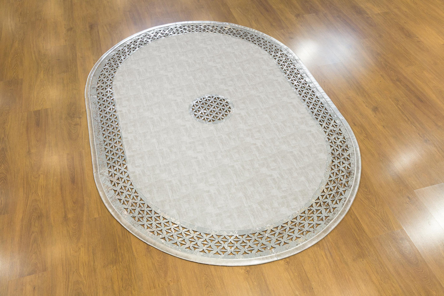 5x7ft, Oval Laser Cut Faux Leather Rug – Turkish Artificial Leather Carpet with Geometric Border