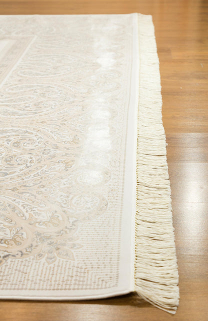 8x11 ft, Beige Classic Silk Rug with paisley desing on the border, fine fringes