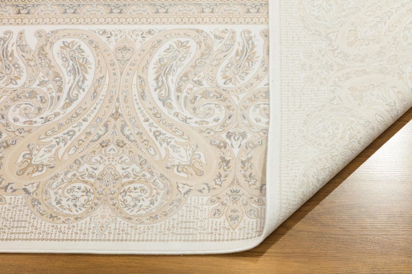 8x11 ft, Beige Classic Silk Rug with paisley desing on the border, fine fringes