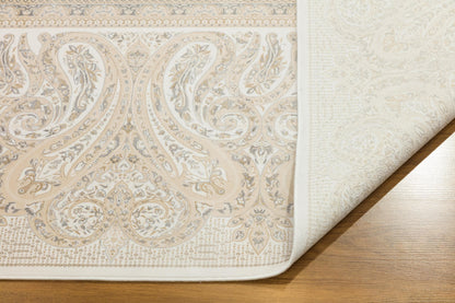 8x11 ft, Beige Classic Silk Rug with paisley desing on the border, fine fringes