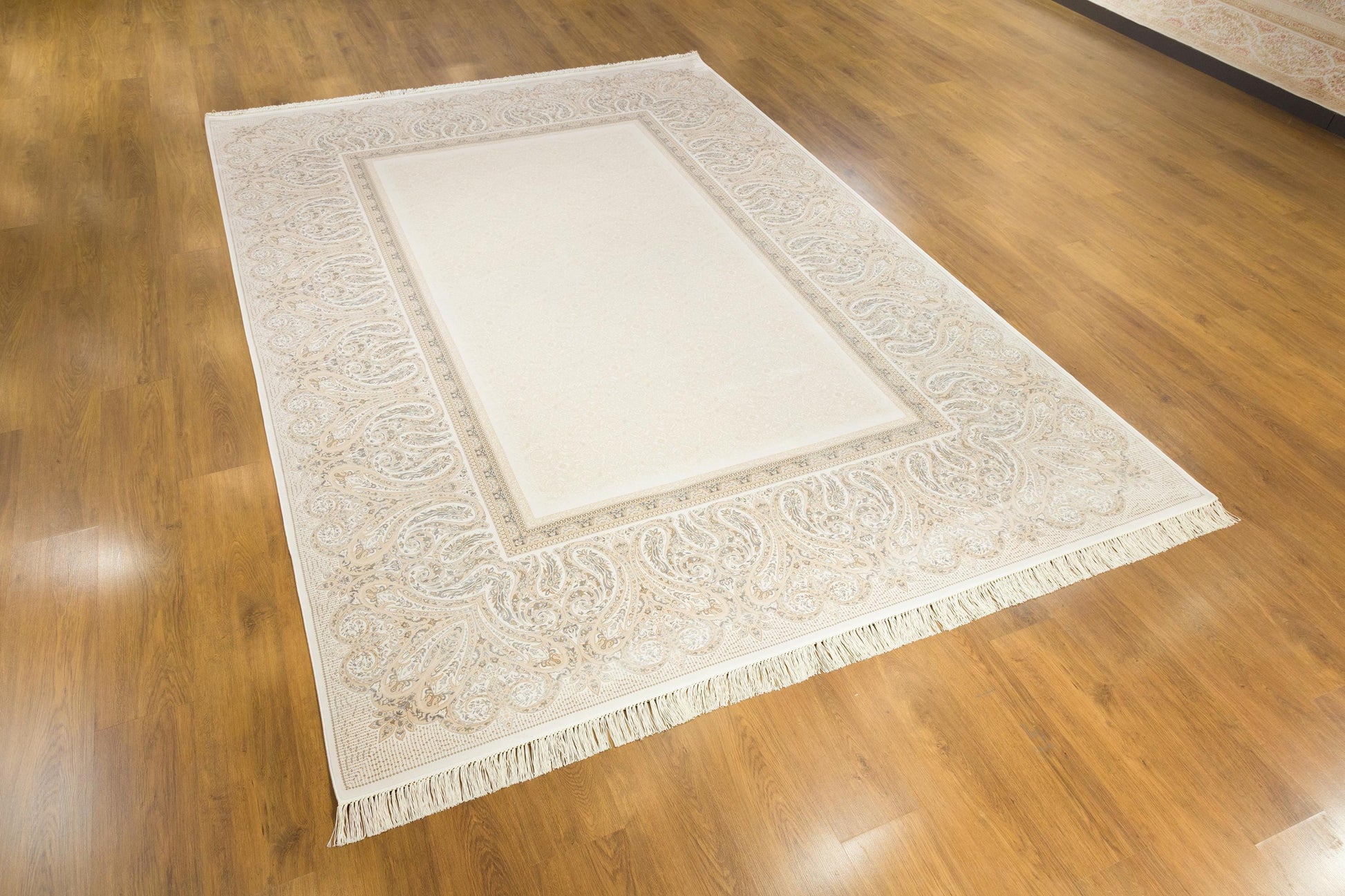 8x11 ft, Beige Classic Silk Rug with paisley desing on the border, fine fringes