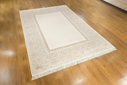 8x11 ft, Beige Classic Silk Rug with paisley desing on the border, fine fringes