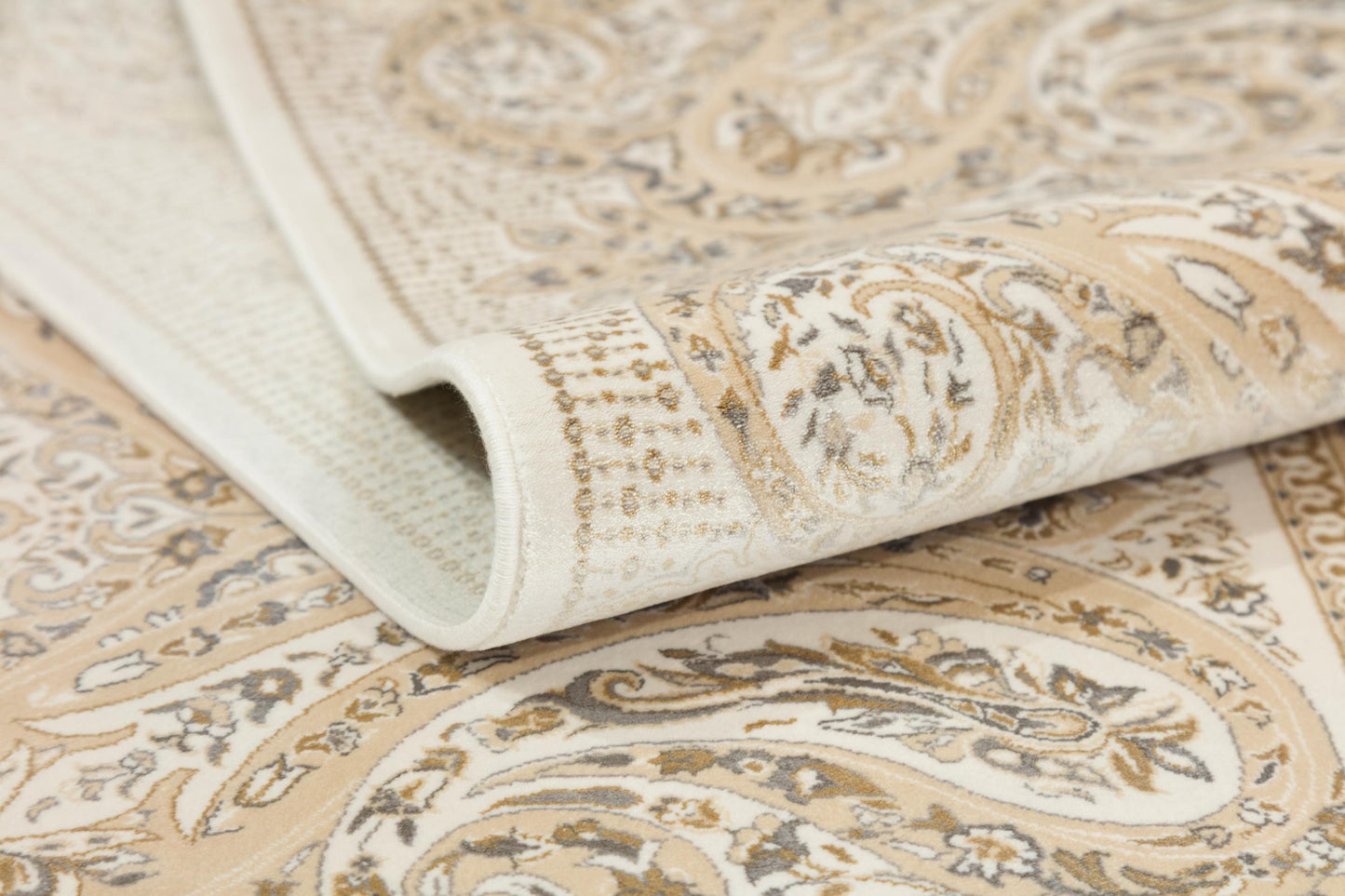 8x11 ft, Beige Classic Silk Rug with paisley desing on the border, fine fringes