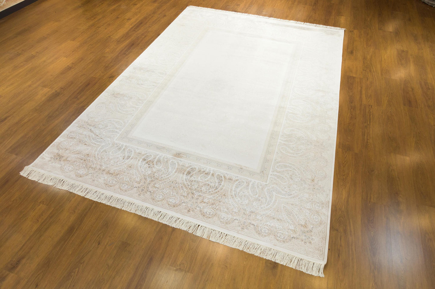 8x11 ft, Beige Classic Silk Rug with paisley desing on the border, fine fringes