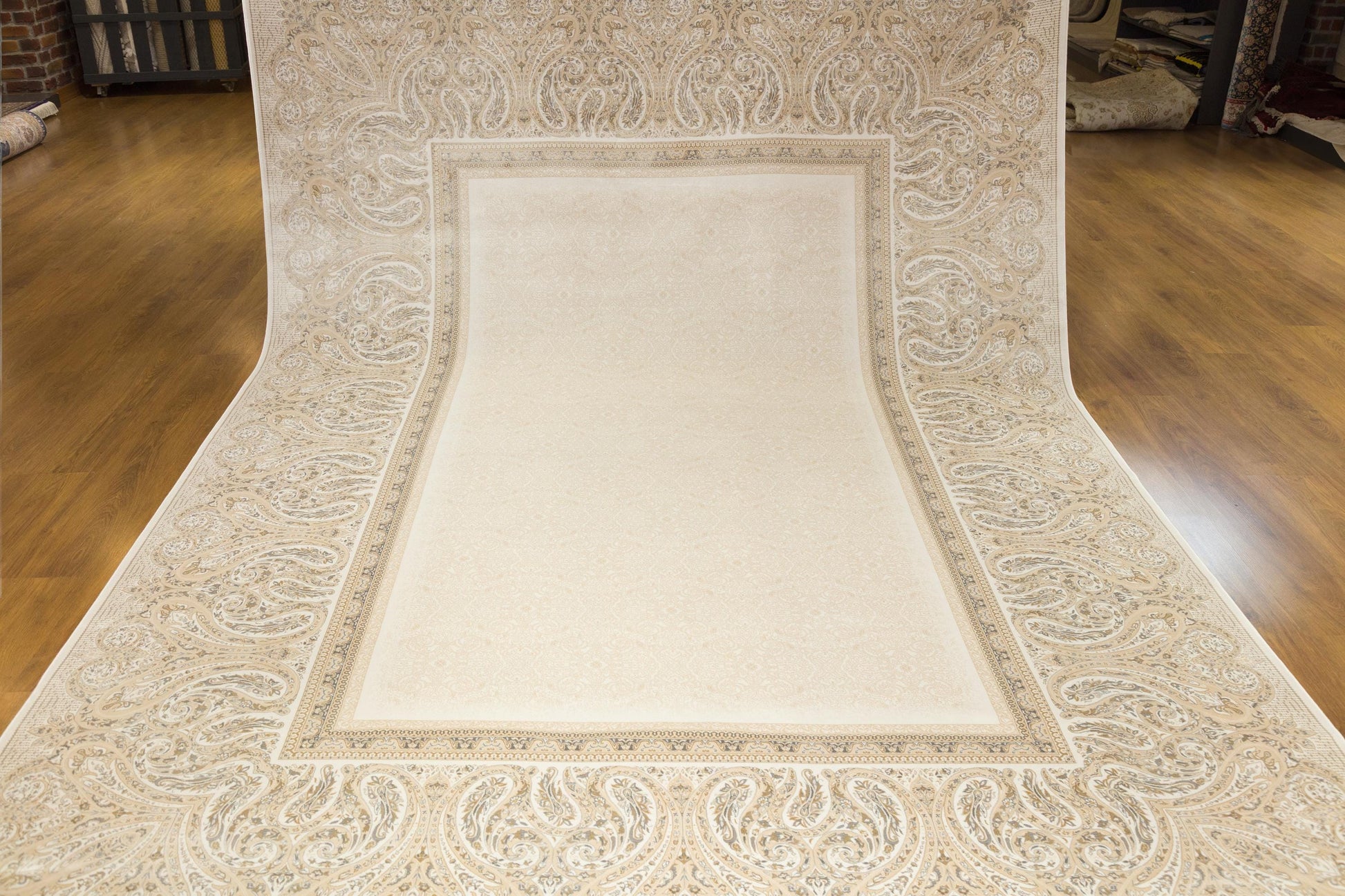 8x11 ft, Beige Classic Silk Rug with paisley desing on the border, fine fringes