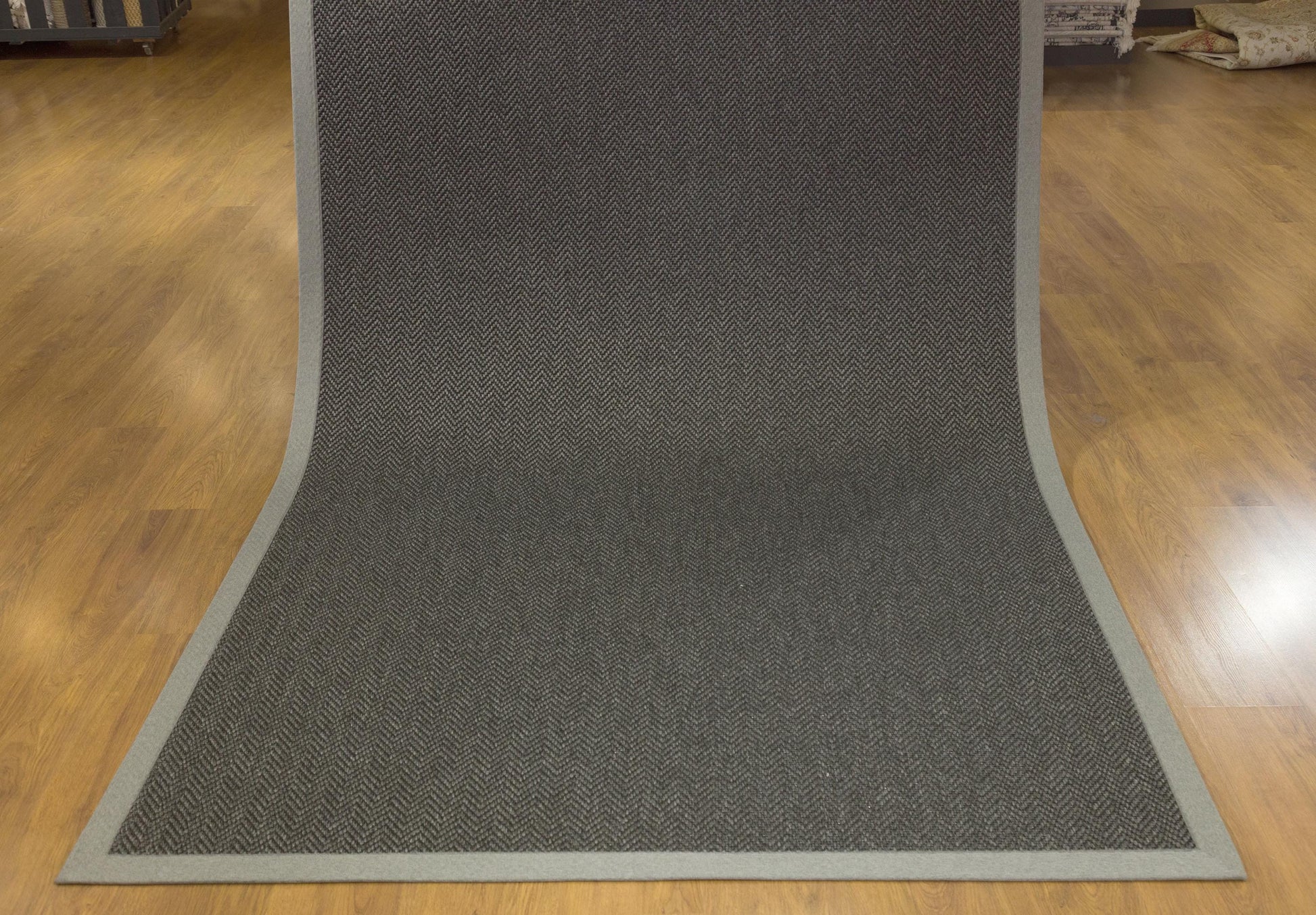 Modern Charcoal Area Rug: Gray Fabric Border, Flatweave Jute Rug