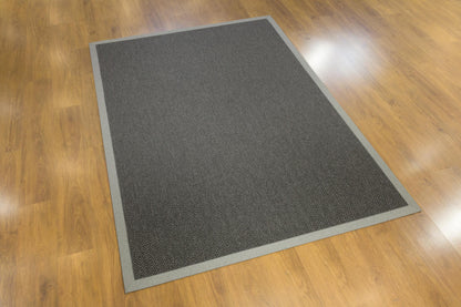 Modern Charcoal Area Rug: Gray Fabric Border, Flatweave Jute Rug