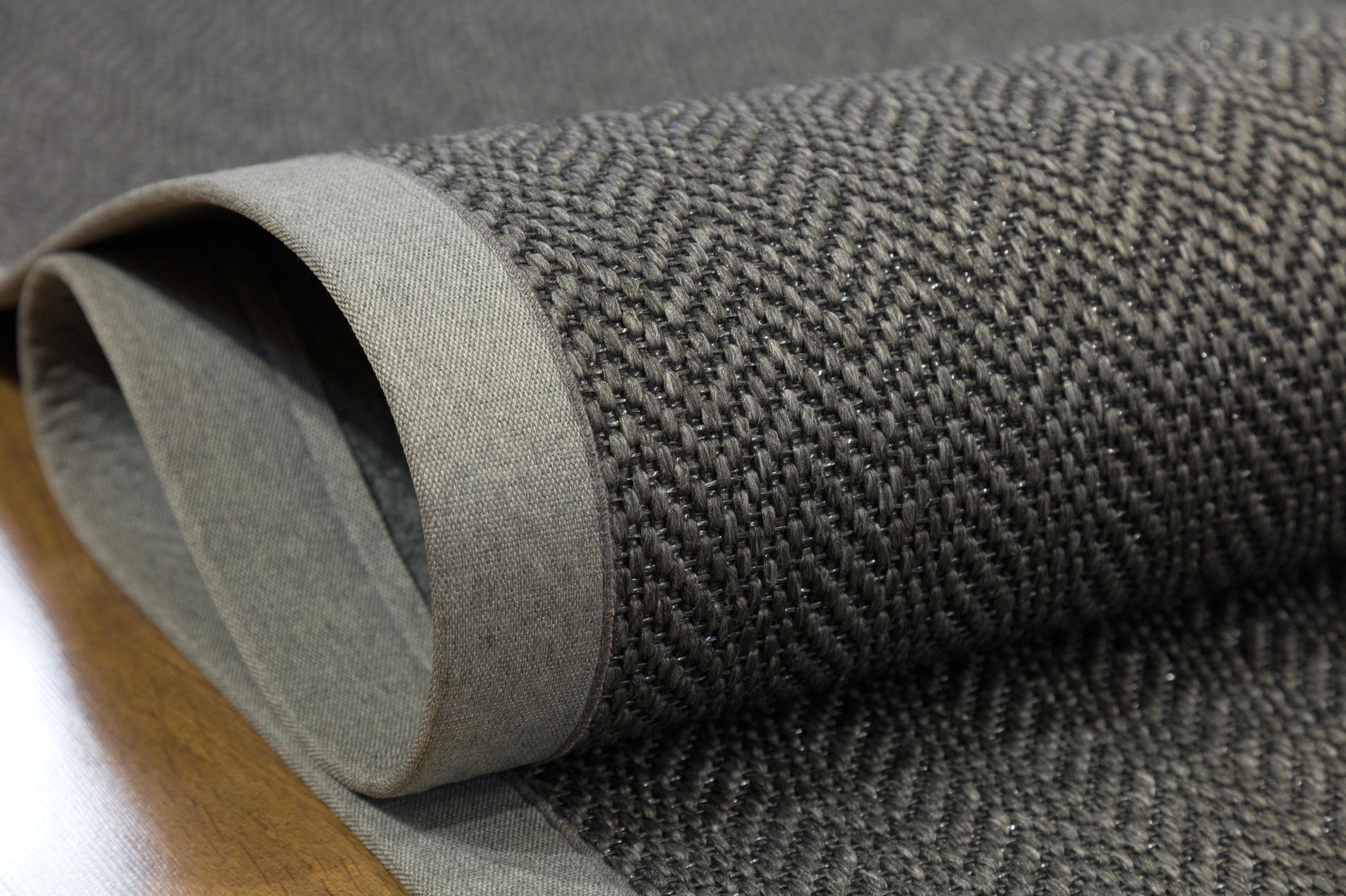 Modern Charcoal Area Rug: Gray Fabric Border, Flatweave Jute Rug