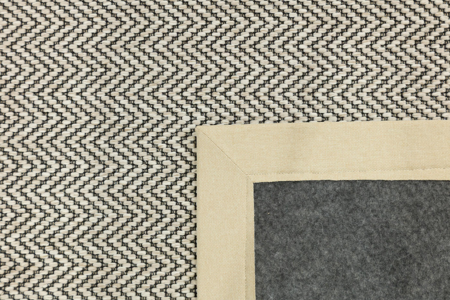 Modern Light Beige Area Rug: Cream Border, Herringbone Flatweave