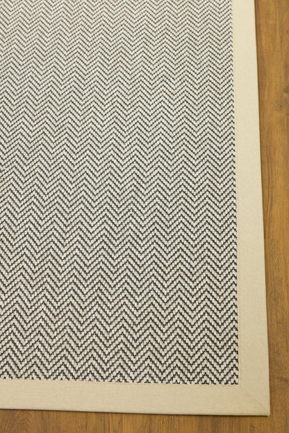 Modern Light Beige Area Rug: Cream Border, Herringbone Flatweave