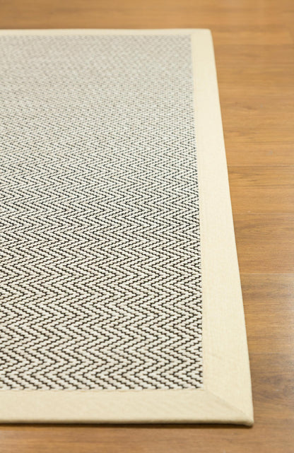 Modern Light Beige Area Rug: Cream Border, Herringbone Flatweave
