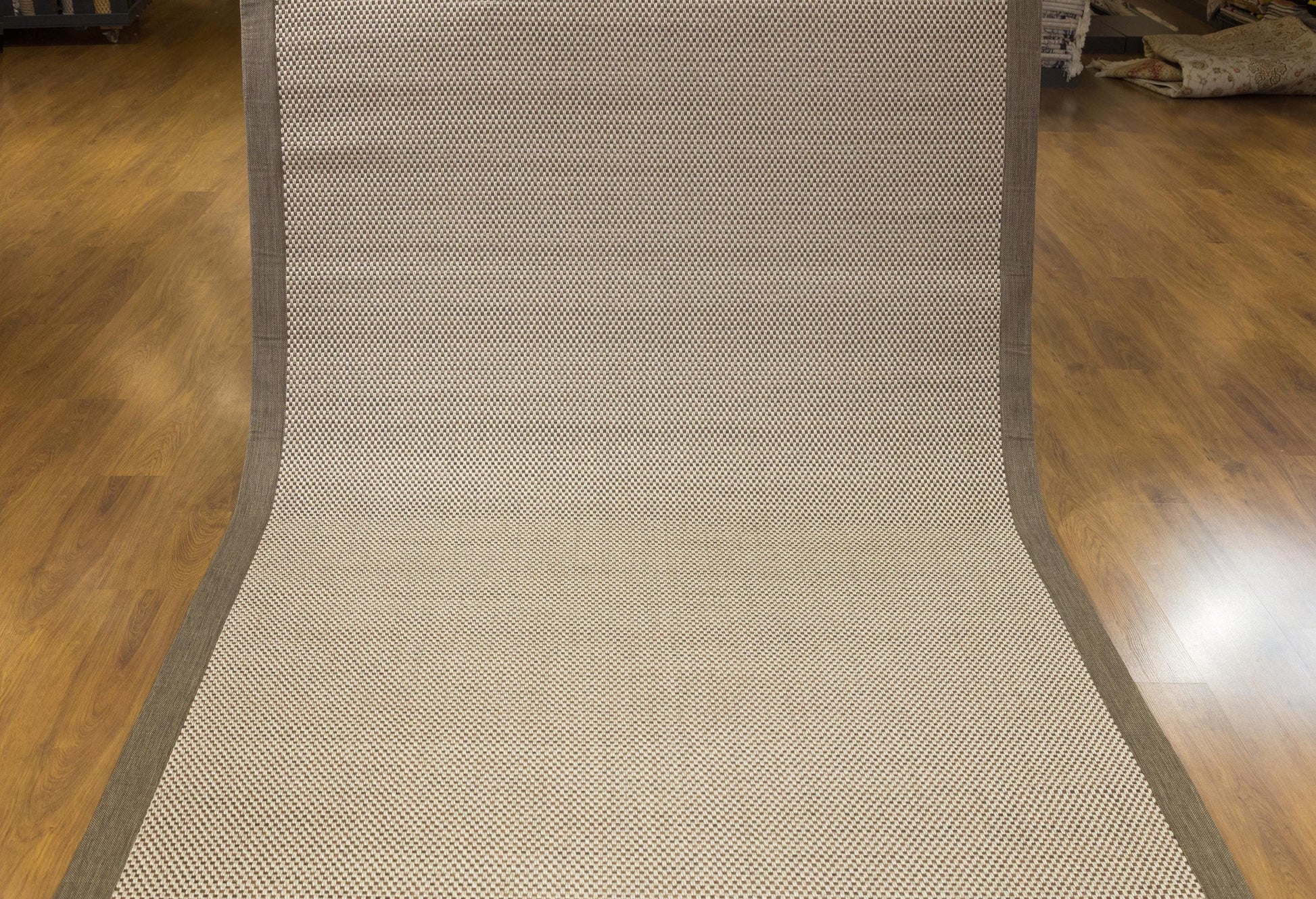 Modern Beige Flatweave Rug: Taupe Border, Checkered Texture, 5x7