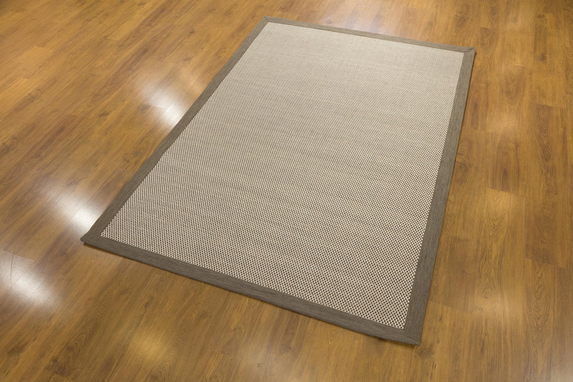 Modern Beige Flatweave Rug: Taupe Border, Checkered Texture, 5x7