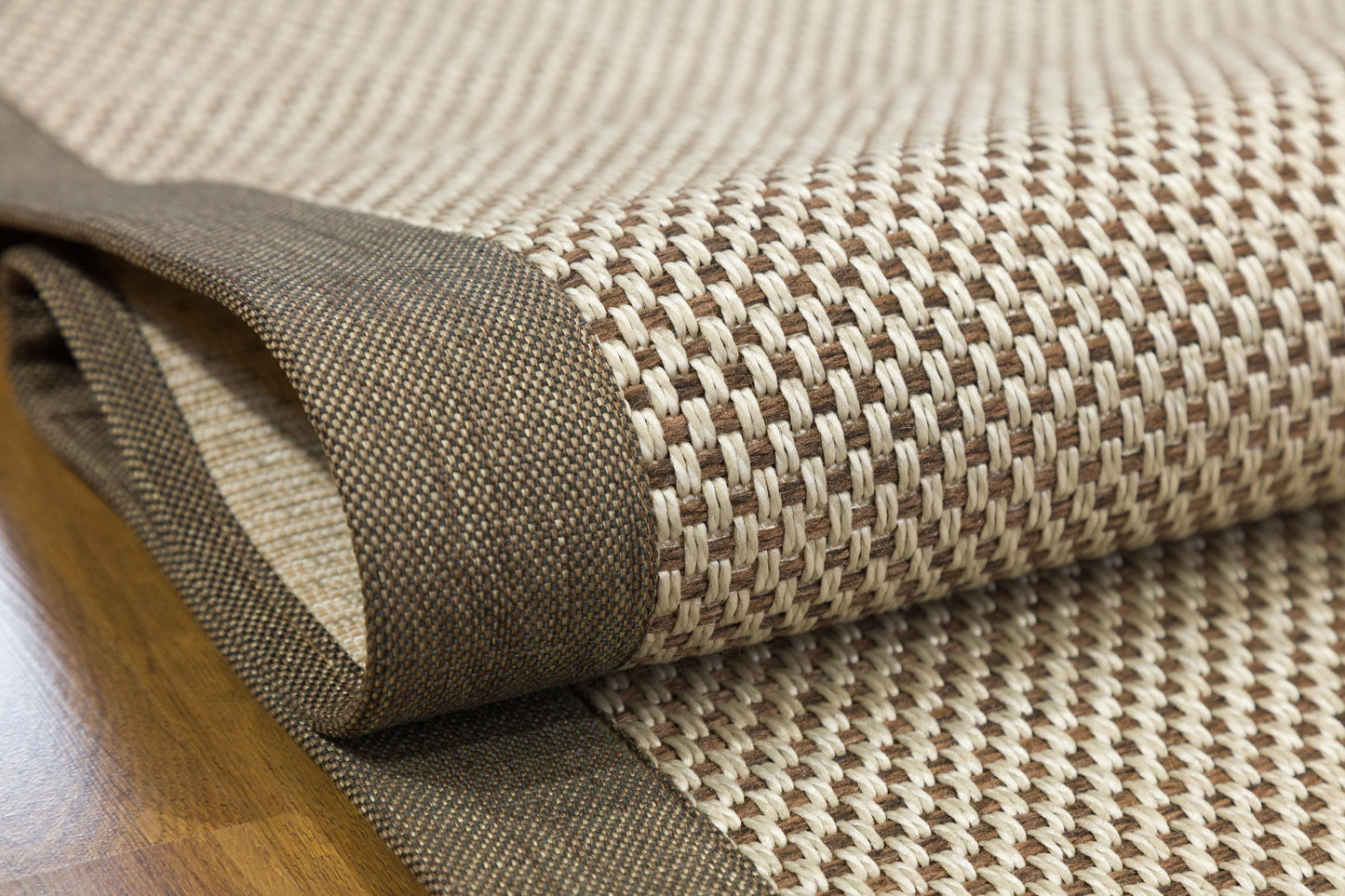Modern Beige Flatweave Rug: Taupe Border, Checkered Texture, 5x7
