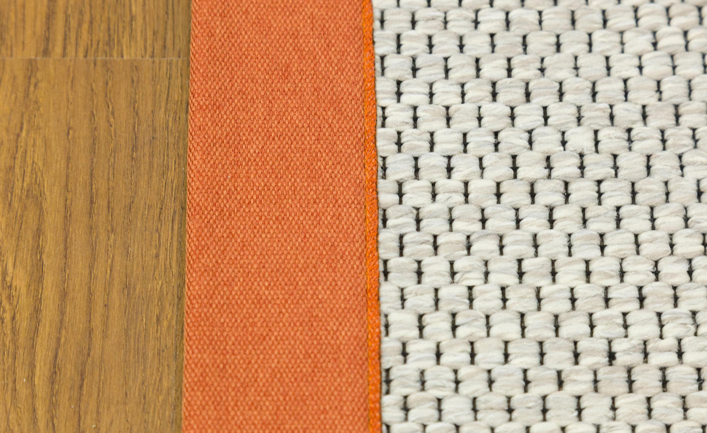 Modern Beige Runner Rug: Orange Border, Flatweave outdoor/indoor Carpet