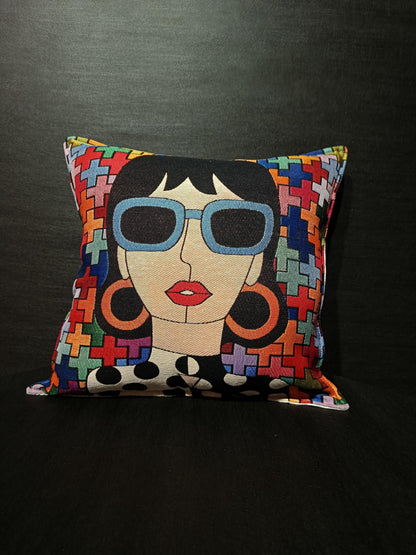 Pop Art Woman Pillow Cover: Colorful Sunglasses Girl Design