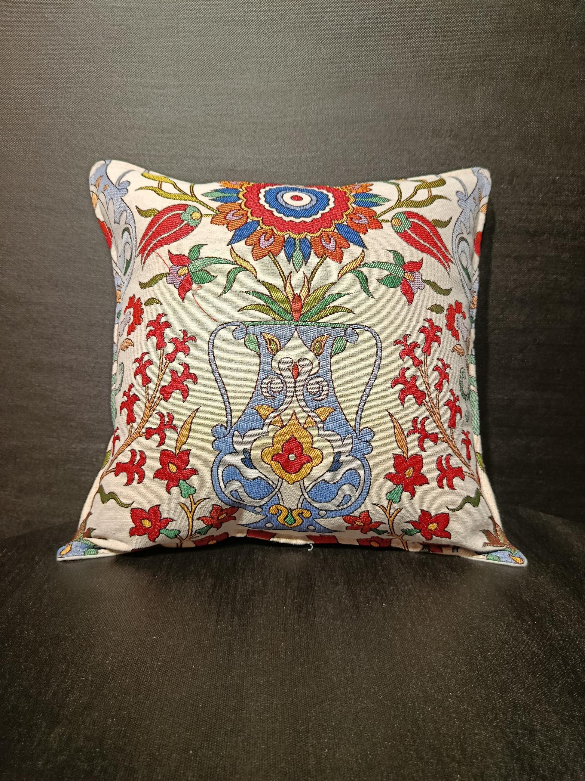 Embroidered Ottoman Vase Pillow Cover: Turkish Floral Cushion, Handmade