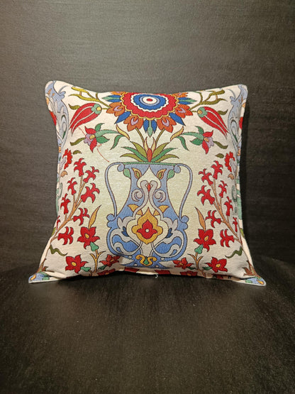 Embroidered Ottoman Vase Pillow Cover: Turkish Floral Cushion, Handmade