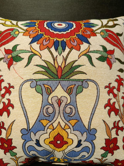 Embroidered Ottoman Vase Pillow Cover: Turkish Floral Cushion, Handmade