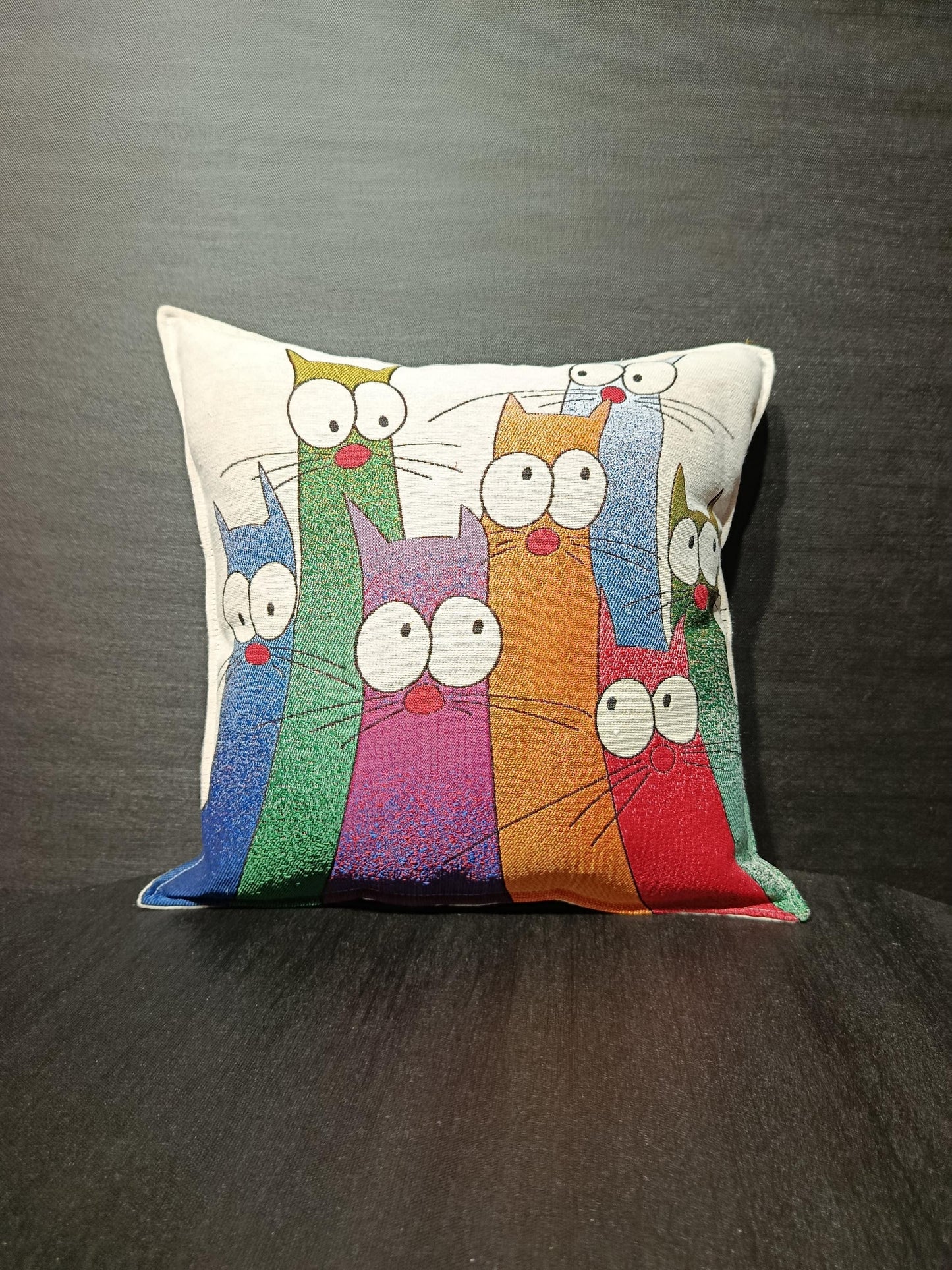 Funny Multicolor Cat Cushion Cover: Gobelin Tapestry Pillow, Whimsical Kids Room Decor