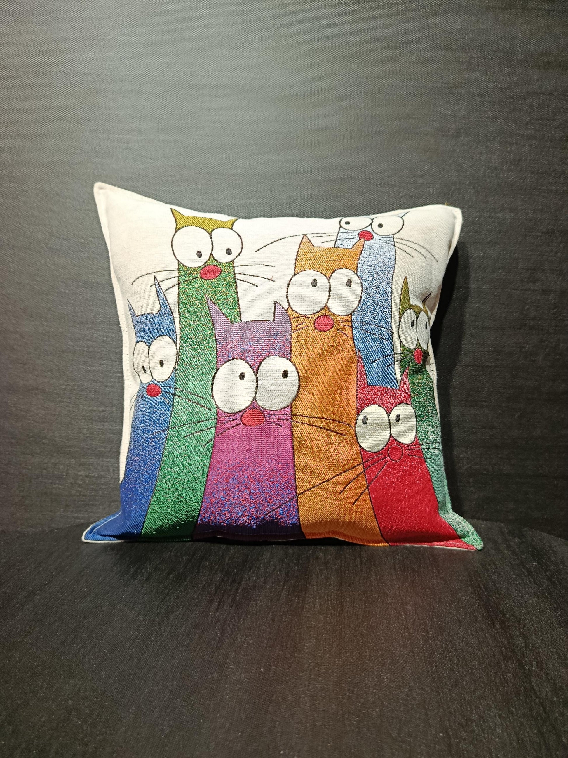 Funny Multicolor Cat Cushion Cover: Gobelin Tapestry Pillow, Whimsical Kids Room Decor