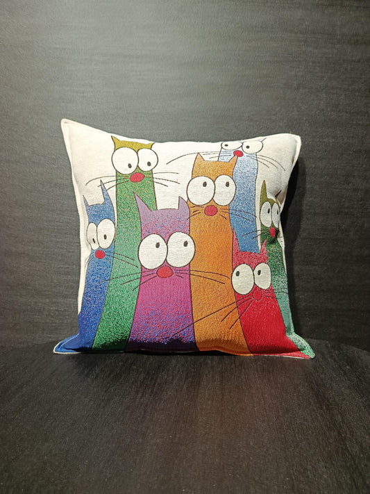 Funny Multicolor Cat Cushion Cover: Gobelin Tapestry Pillow, Whimsical Kids Room Decor