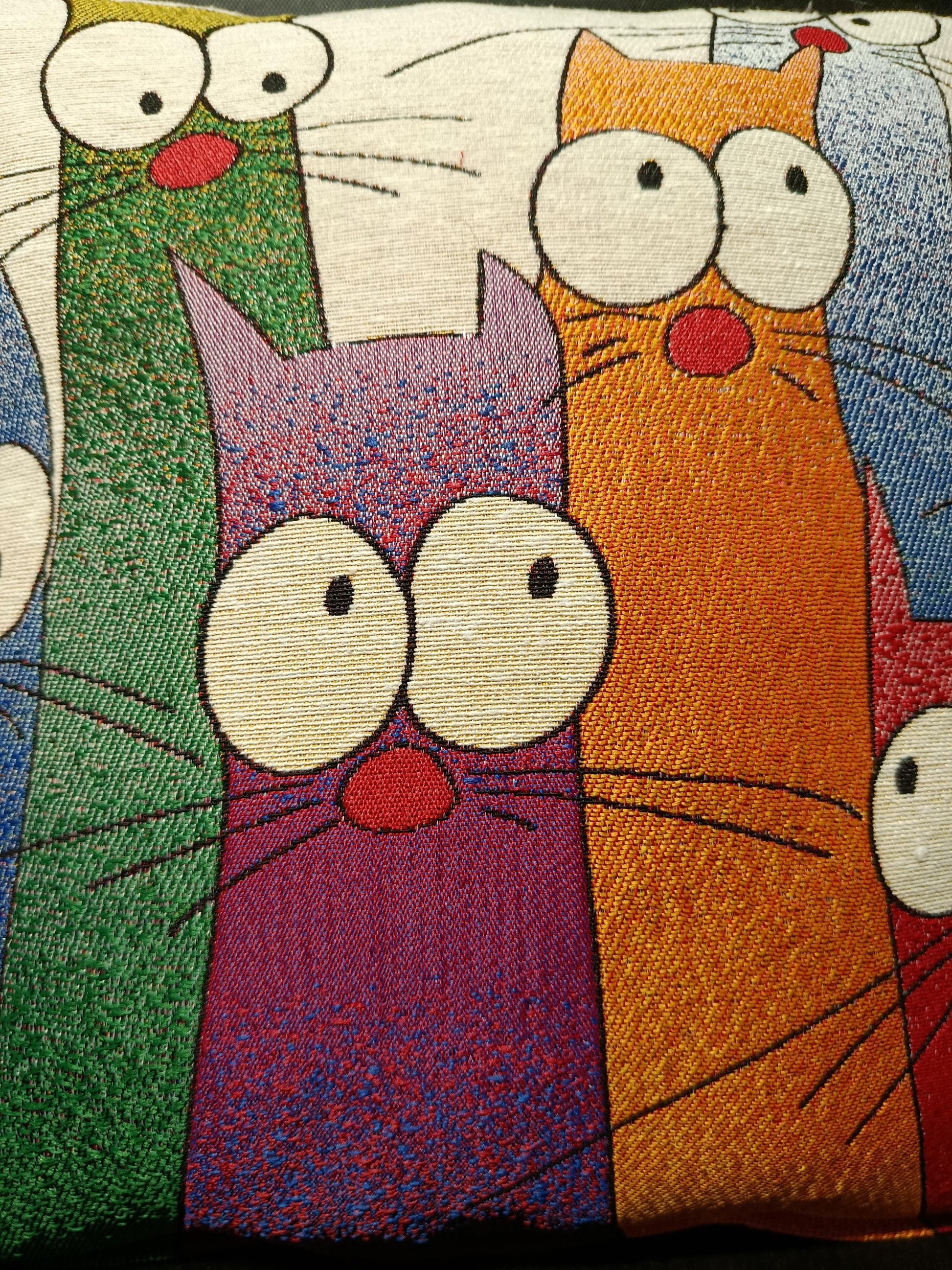 Funny Multicolor Cat Cushion Cover: Gobelin Tapestry Pillow, Whimsical Kids Room Decor