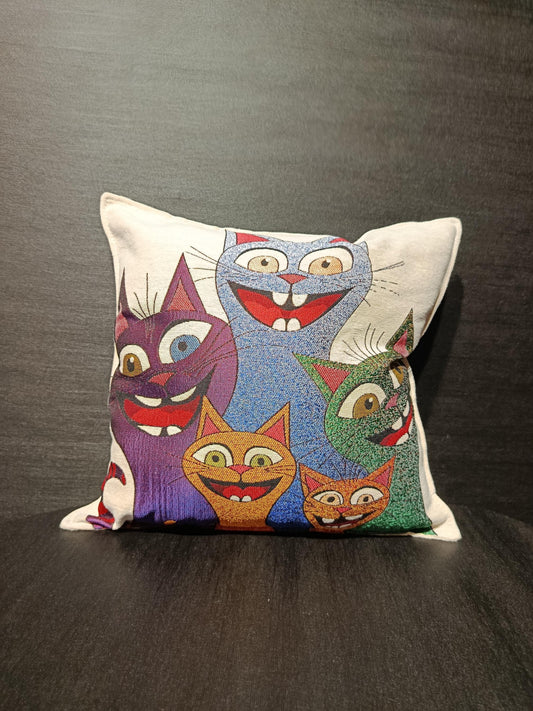 Smiling Cats Cushion Cover: Colorful Gobelin Tapestry Pillow, Playful Cat Lover Decor