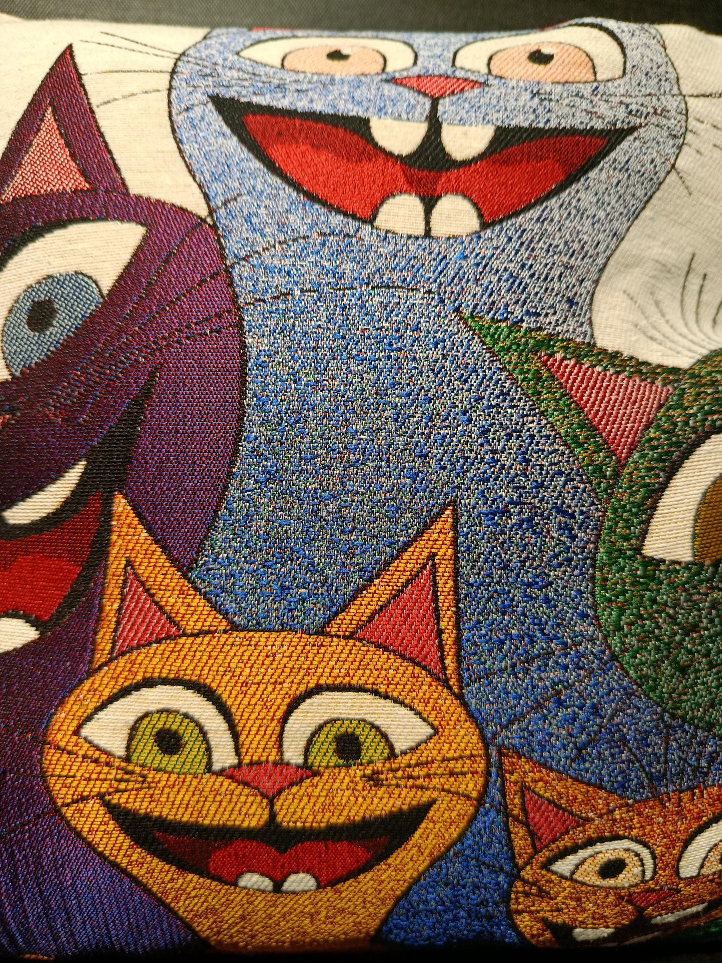 Smiling Cats Cushion Cover: Colorful Gobelin Tapestry Pillow, Playful Cat Lover Decor