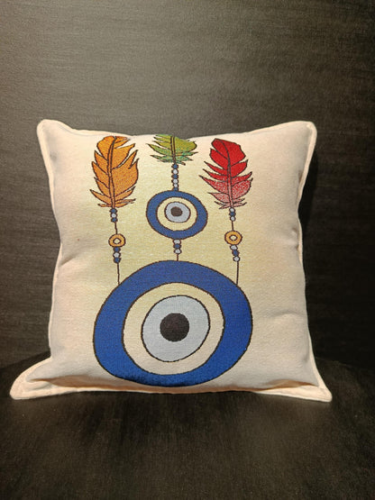 Boho Evil Eye Pillow Cover: Gobelin Tapestry Cushion with Feathers