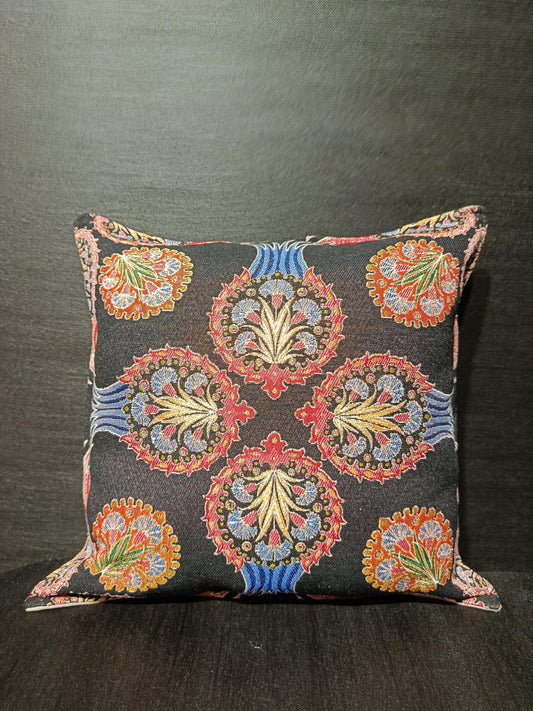 Ottoman Medallion Gobelin Cushion Cover – 40x40 cm Tapestry Pillow – Black Jacquard Vintage Turkish Decor