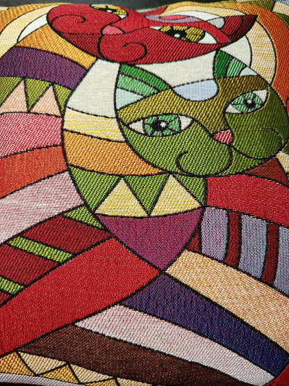 Geometric Cat Tapestry Cushion Cover: Colorful Abstract Art Pillow