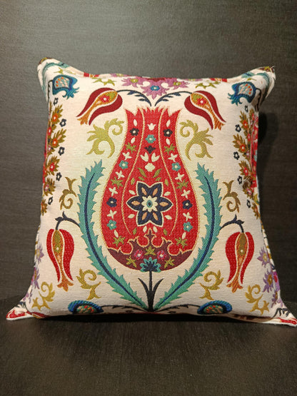 Red Tulip Ottoman Cushion Cover: Gobelin Jacquard Turkish Pillow