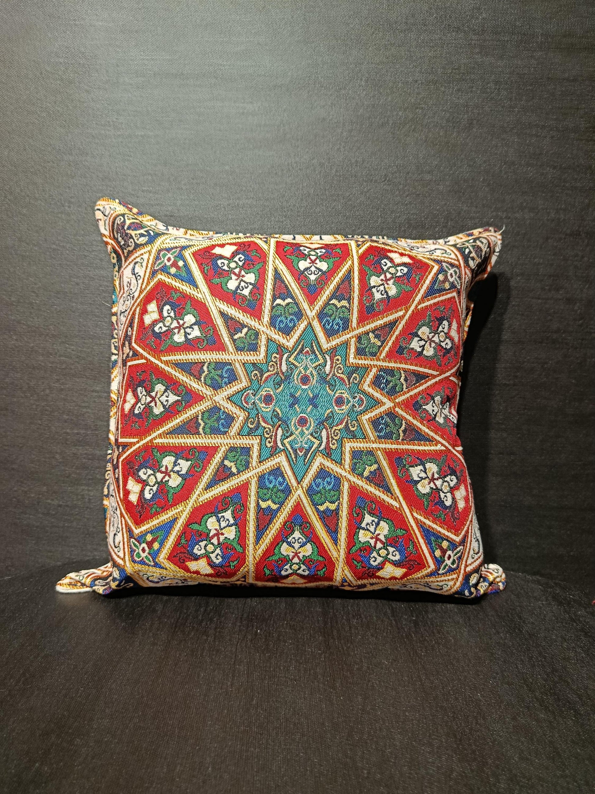 Islamic Mandala Cushion Cover: Gobelin Tapestry Pillow - Red & Teal