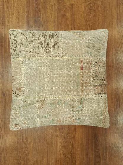 Handmade Beige Patchwork Cushion Cover: Boho Accent Pillow, 24"
