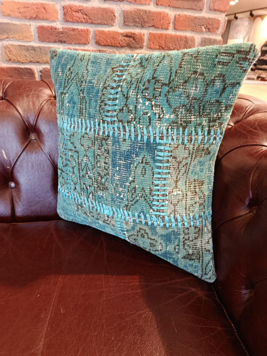 Handmade Blue Patchwork Pillow Cover: Boho Accent Cushion (19"x19")