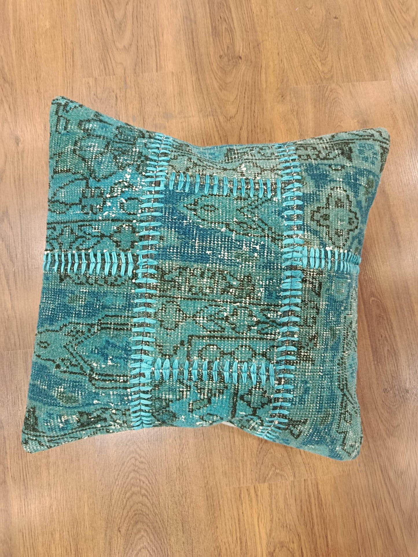 Handmade Blue Patchwork Pillow Cover: Boho Accent Cushion (19"x19")