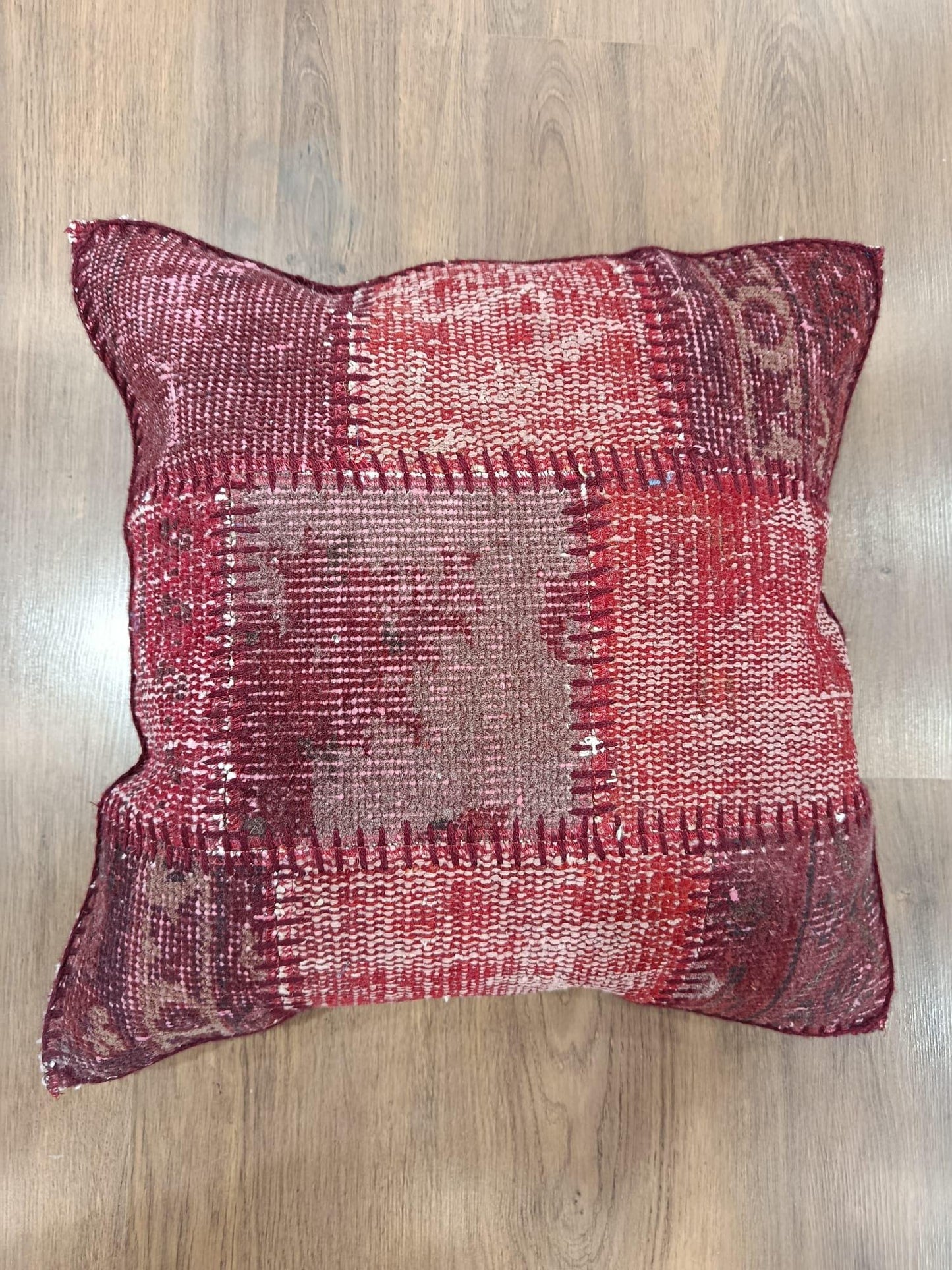 Handmade Red Patchwork Pillow Cover: Boho Accent Cushion (19"x19")