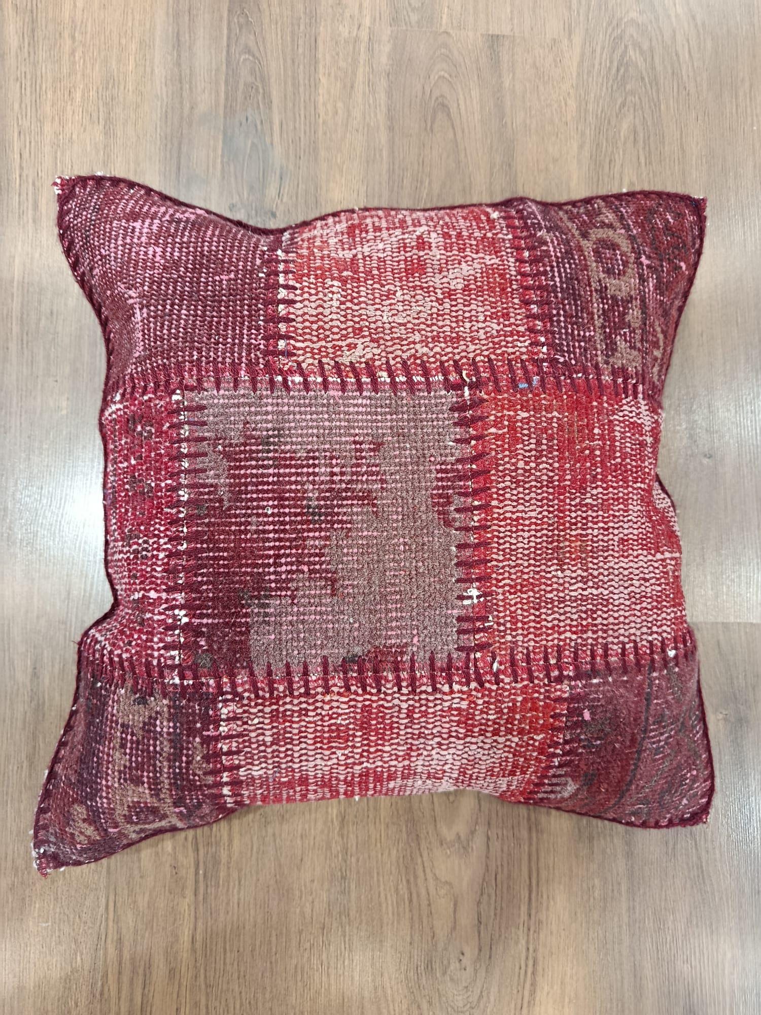 Handmade Red Patchwork Pillow Cover: Boho Accent Cushion (19"x19")
