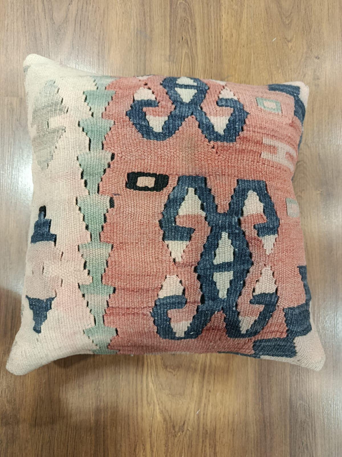 Handmade Kilim Patchwork Cushion Cover: Boho Accent Pillow (19"x19")