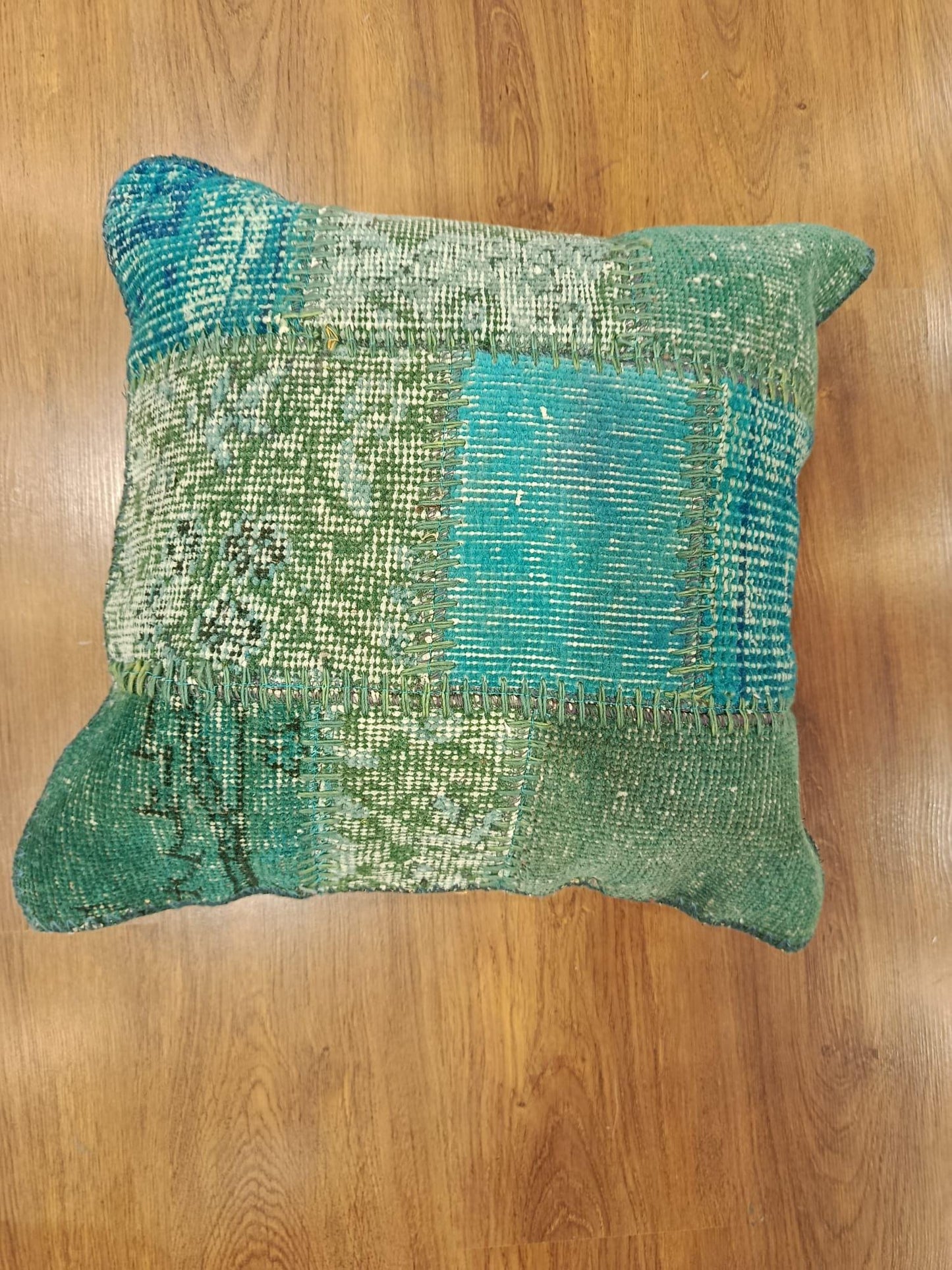 Handmade Turquoise Patchwork Cushion Cover: Boho Accent Pillow (19"x19")
