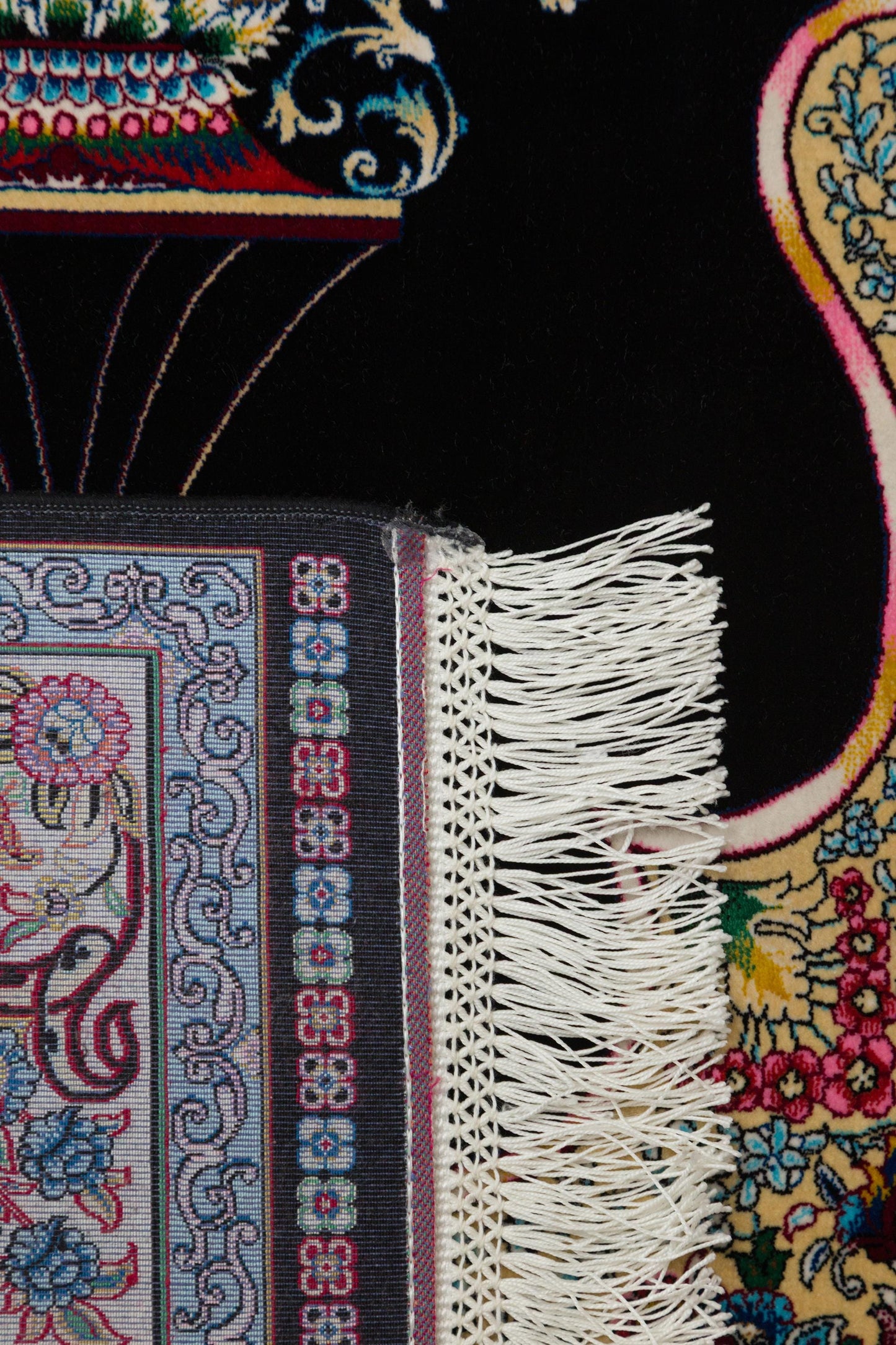 Dark Silk-Look Prayer Rug: Islamic Mihrab Design with Fringe