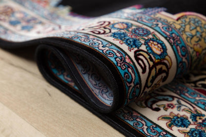 Dark Silk-Look Prayer Rug: Islamic Mihrab Design with Fringe