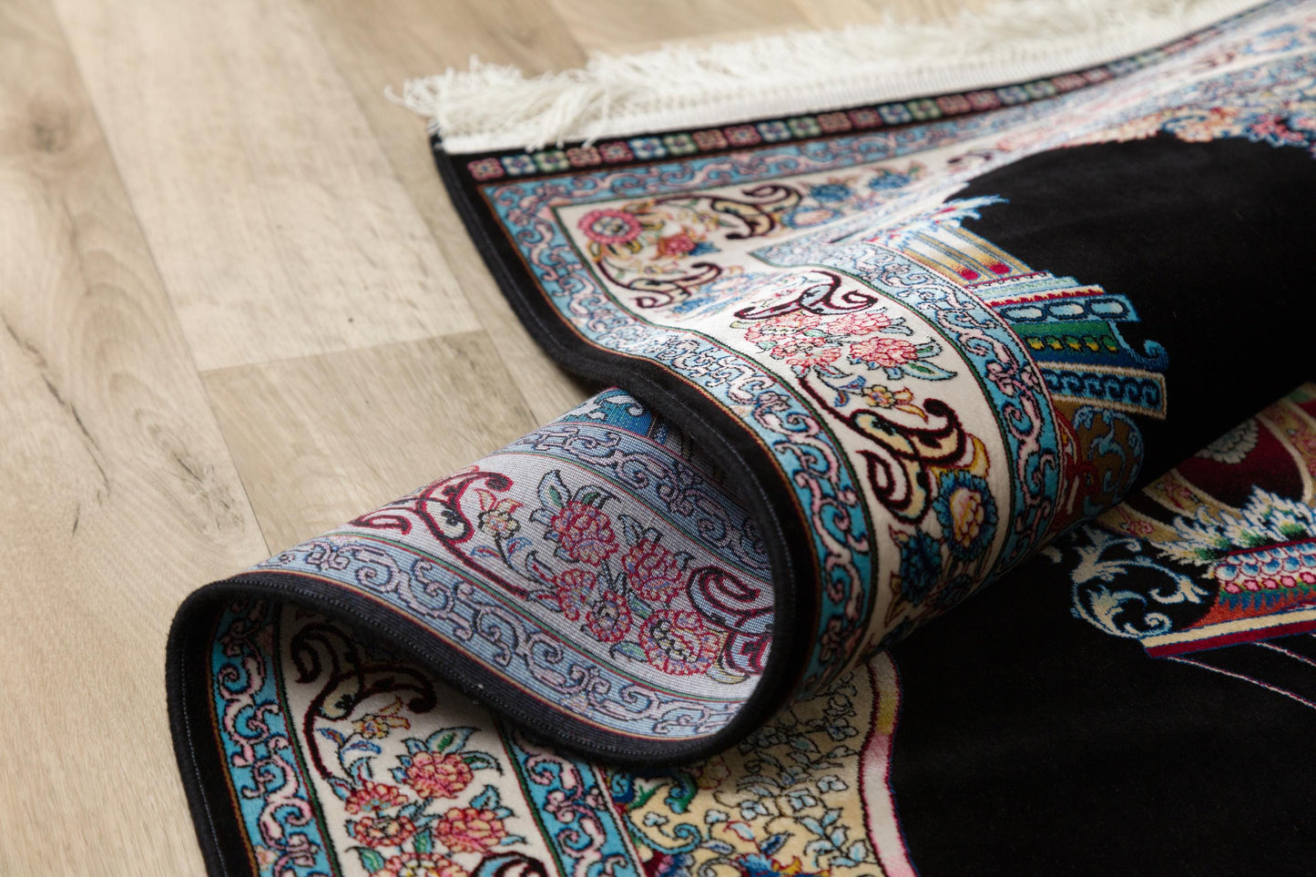 Dark Silk-Look Prayer Rug: Islamic Mihrab Design with Fringe