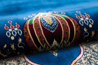Navy Silk-Look Prayer Rug: Islamic Mihrab Design with Fringe
