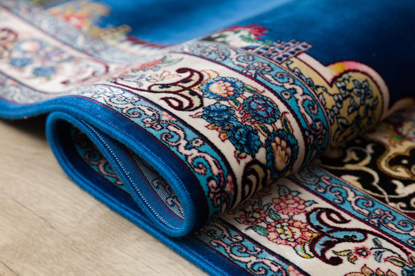 Navy Silk-Look Prayer Rug: Islamic Mihrab Design with Fringe